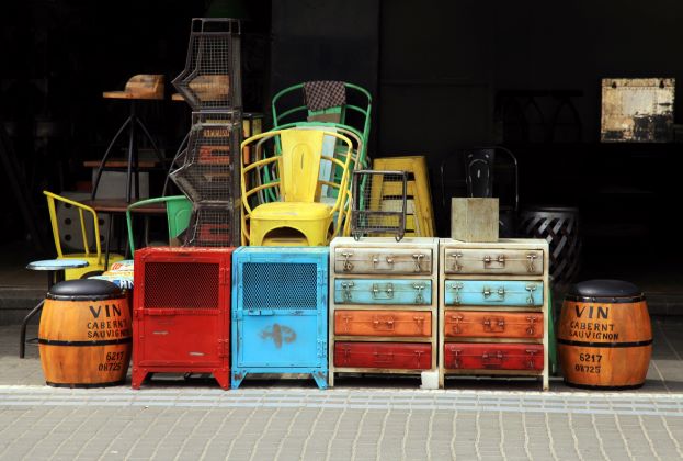 vintage furniture grouped outside of shop